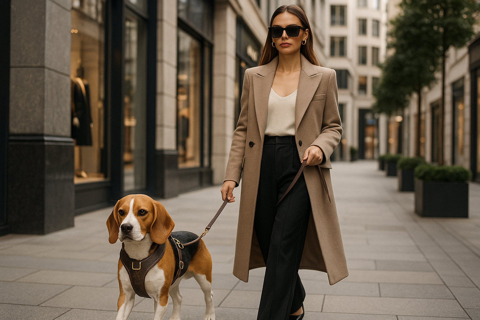 fotorealistický pes který je v luxusním moderním prostředí velkoměsta venku a má na sobě luxusní psí postroj a vodítko a venčí ho mladá bohatá moderně upravená žena, která vypadá sebevědomě